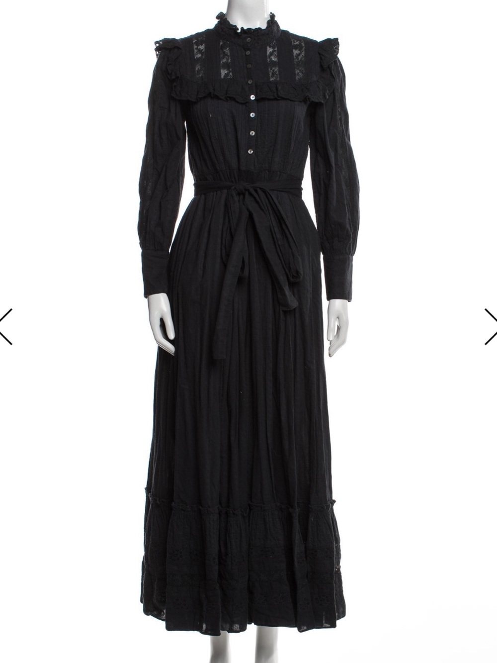LoveShackFancy Black Button-Front Maxi Dress with Waist Tie